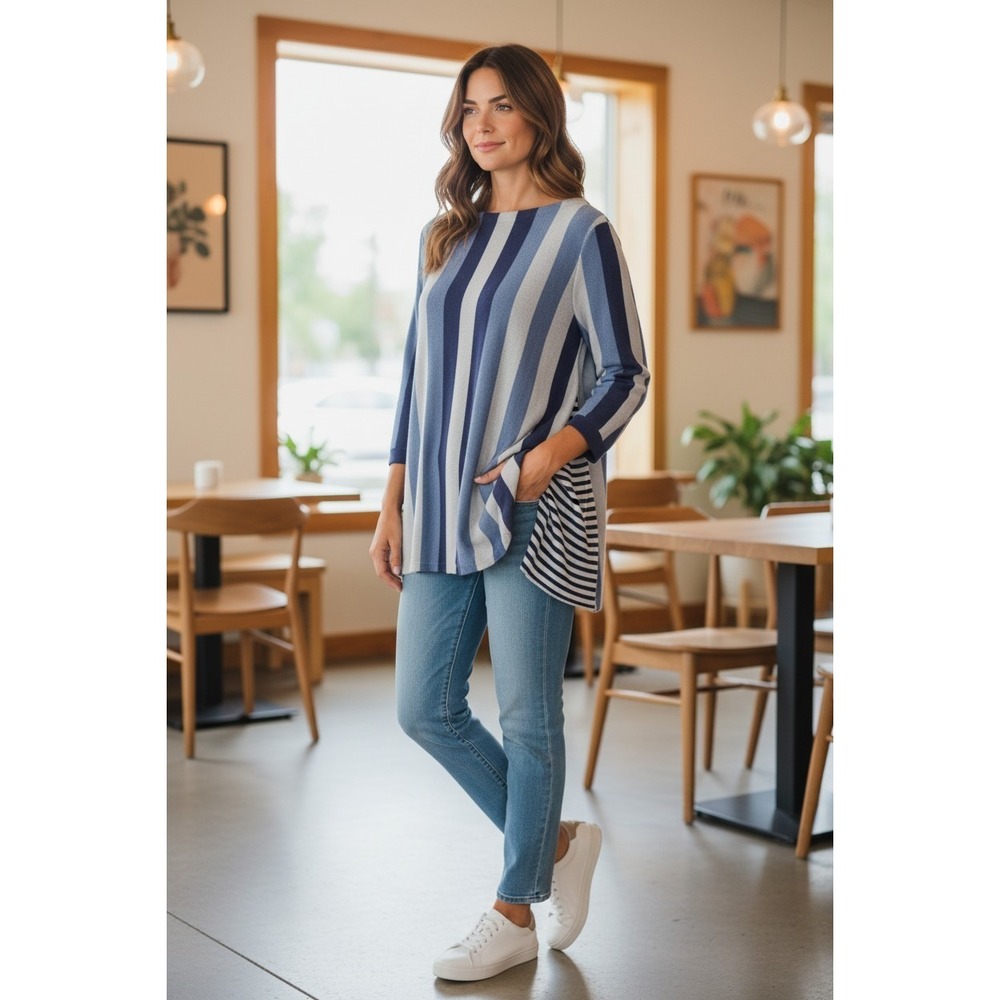 Chico's Cobalt Blue &‎ White Vertical Striped Tunic Top 3/4 Sleeve Relaxed Fit